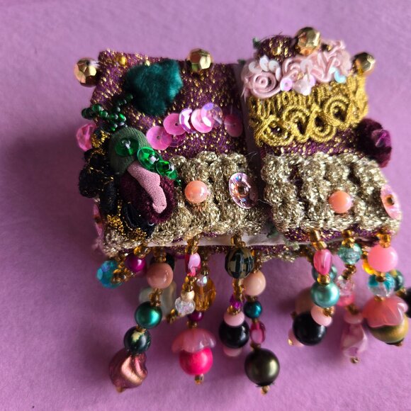 Gypsy Hand Embroidered Bracelet | Boho Tie-dye -Style Textile Cuff | Whimsical - Picture 10 of 11